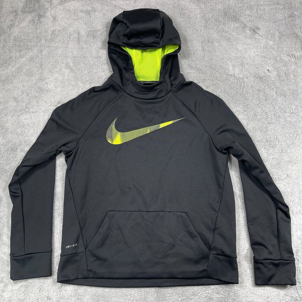Nike Dri-Fit Hoodie Boys XL Black Swoosh Kangaroo Pockets Raglan Sleeve Pullover